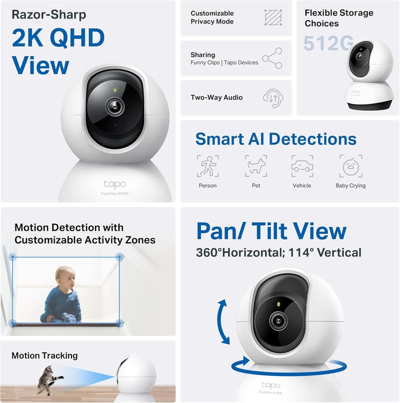 tapo TP-Link 2K QHD Pan/Tilt Security Camera for Pet Camera, Baby Monitor, Motion Detection, Motion Tracking, 2-Way Audio, Night Vision, Cloud &SD Card Storage, Works w/Alexa & Google Home( C220) - Image 2